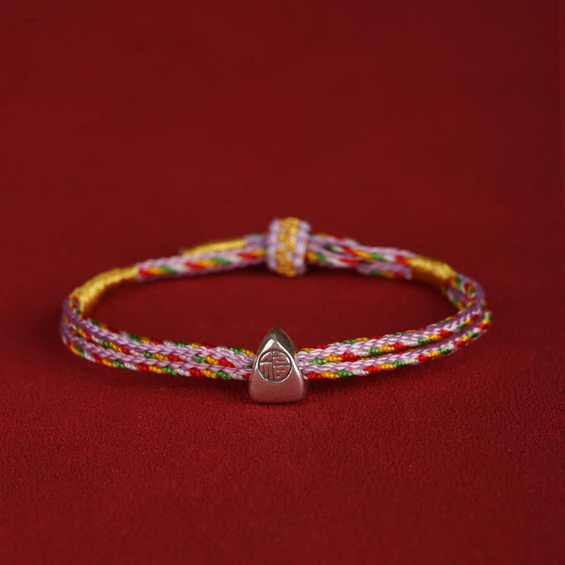 925 Sterling Silver Fu Character Luck Multicolored Rope Bracelet