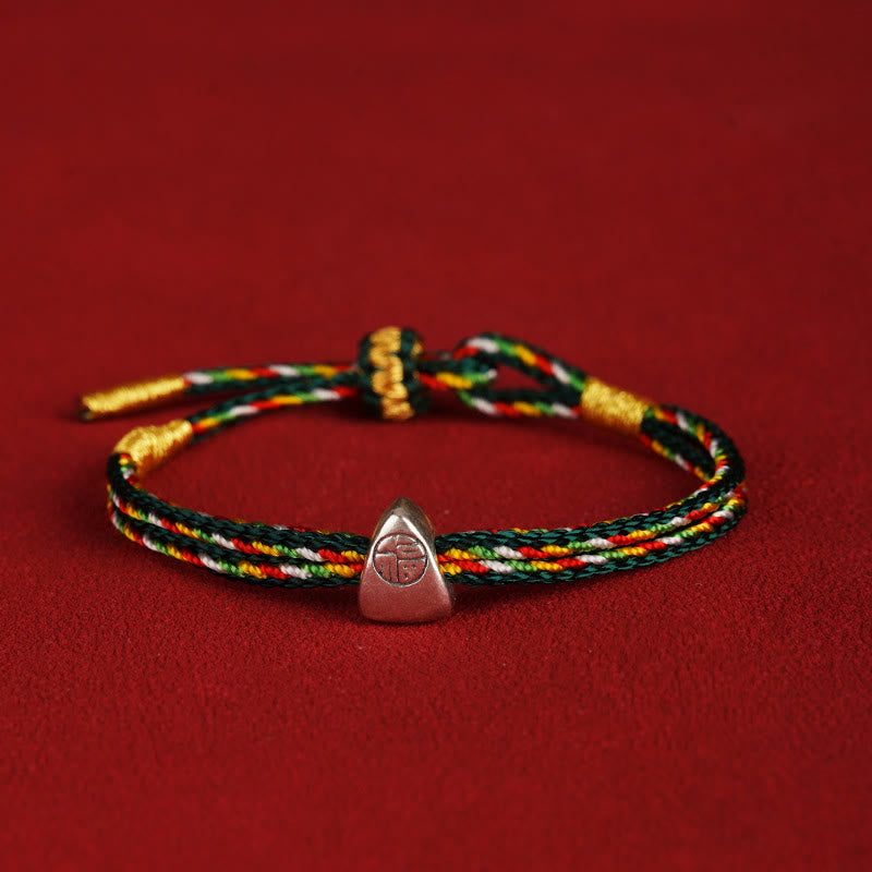 925 Sterling Silver Fu Character Luck Multicolored Rope Bracelet