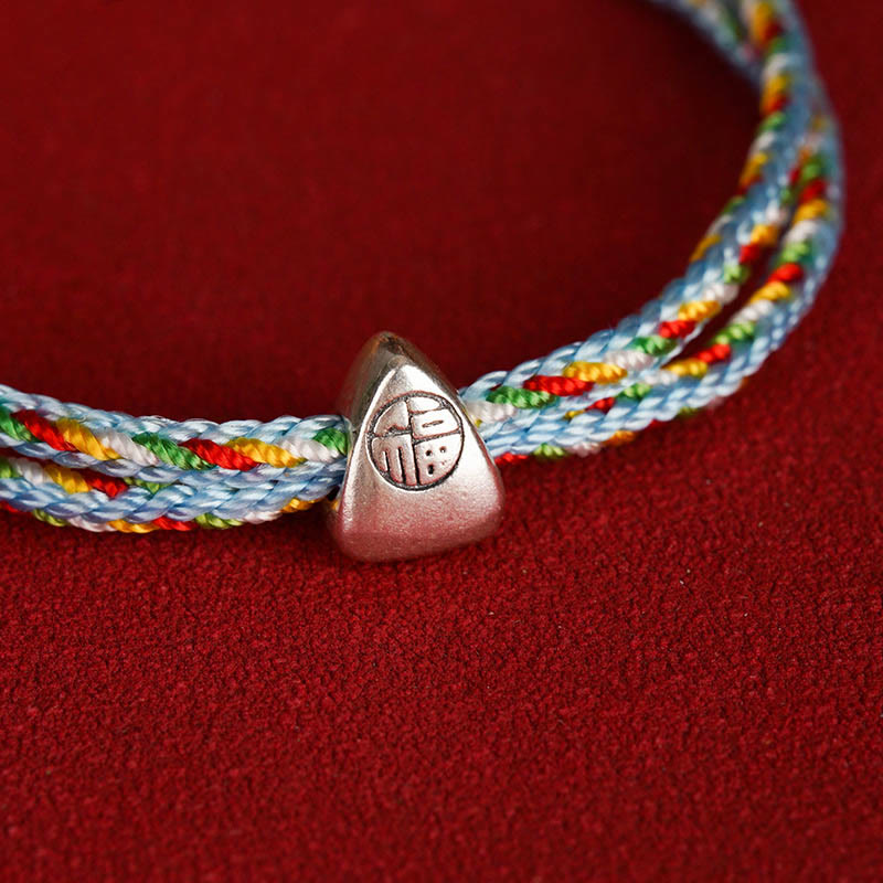 925 Sterling Silver Fu Character Luck Multicolored Rope Bracelet