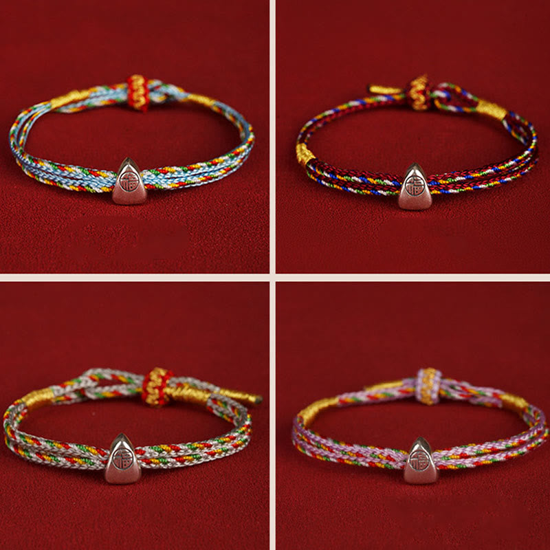 925 Sterling Silver Fu Character Luck Multicolored Rope Bracelet