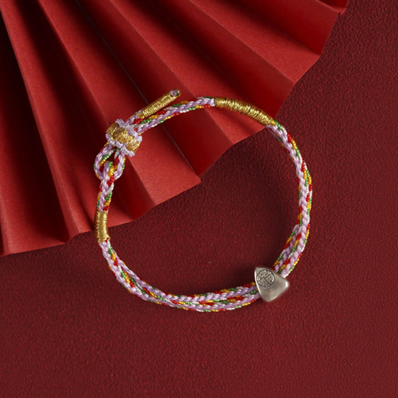 925 Sterling Silver Fu Character Luck Multicolored Rope Bracelet