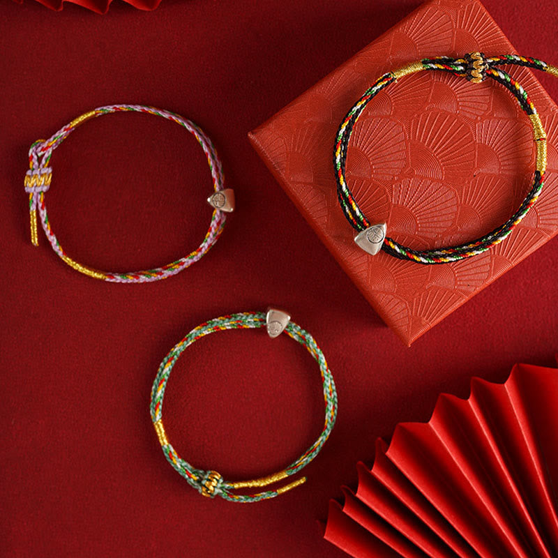 925 Sterling Silver Fu Character Luck Multicolored Rope Bracelet