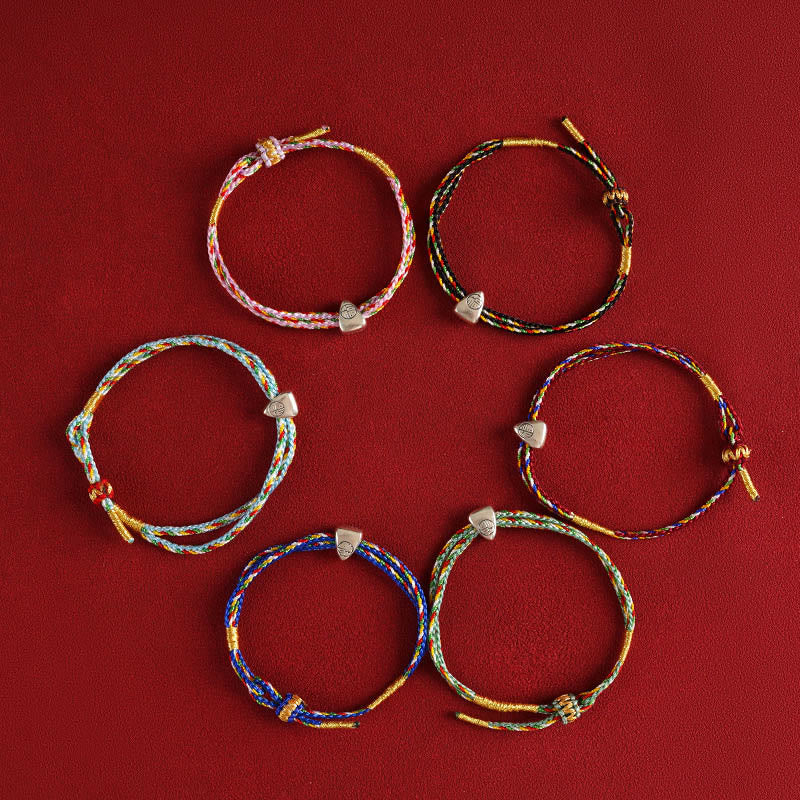 925 Sterling Silver Fu Character Luck Multicolored Rope Bracelet