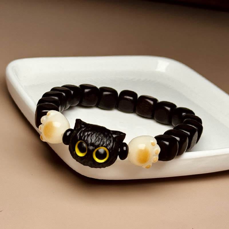 Hand-Carved Ebony Wood and Bodhi Seed Cat Paw Motif Bracelet