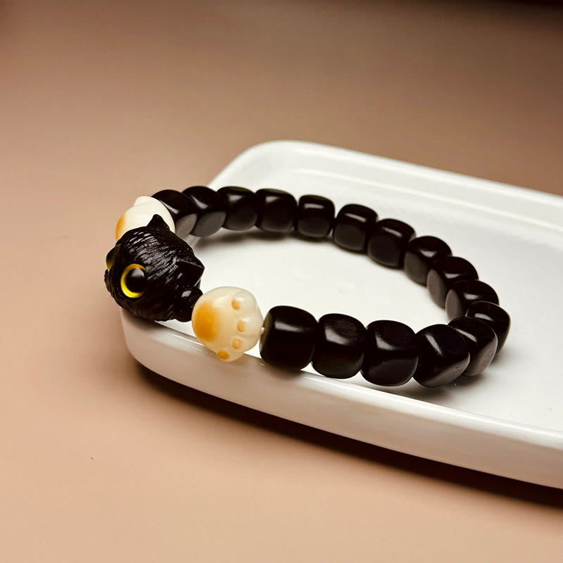 Hand-Carved Ebony Wood and Bodhi Seed Cat Paw Motif Bracelet