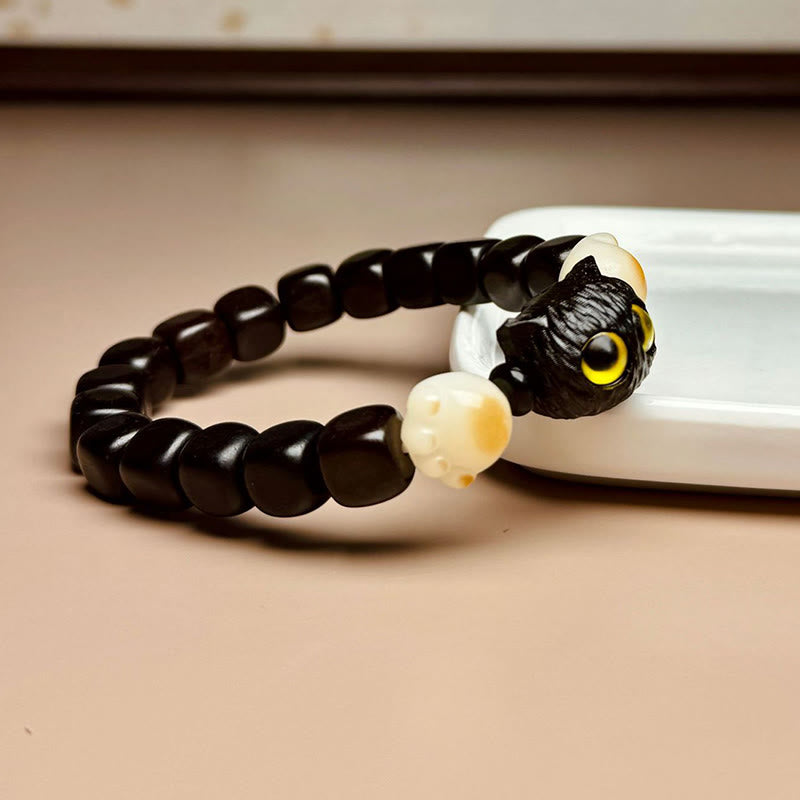 Hand-Carved Ebony Wood and Bodhi Seed Cat Paw Motif Bracelet
