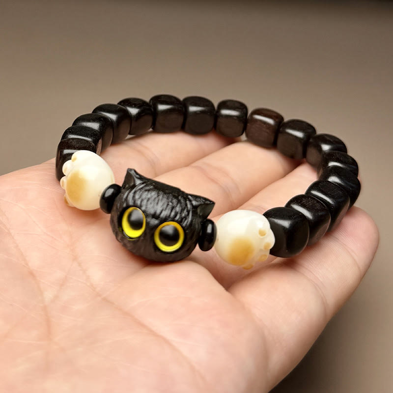 Hand-Carved Ebony Wood and Bodhi Seed Cat Paw Motif Bracelet