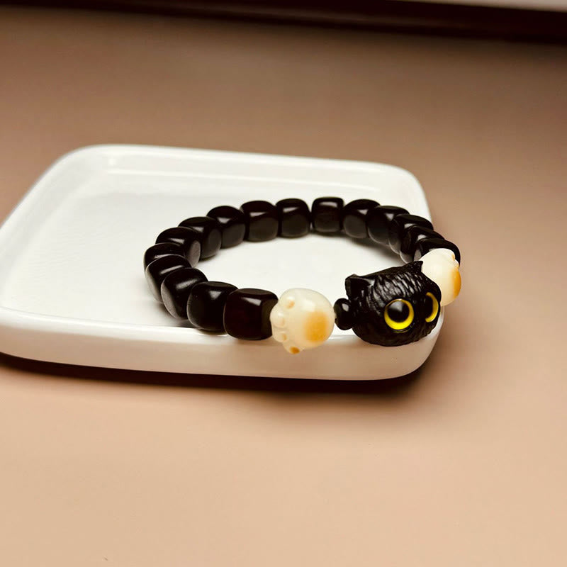 Hand-Carved Ebony Wood and Bodhi Seed Cat Paw Motif Bracelet