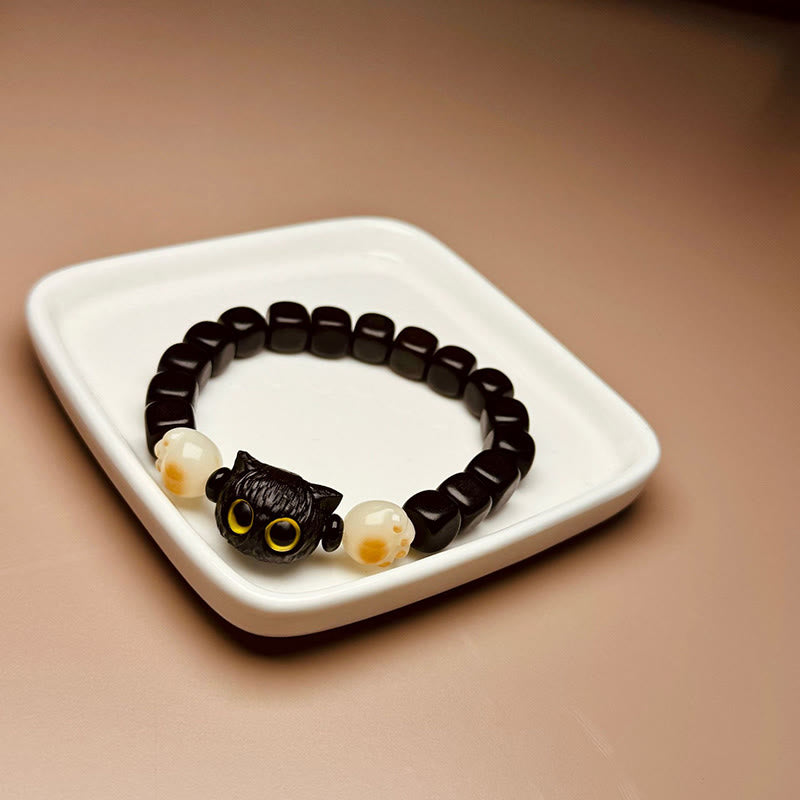 Hand-Carved Ebony Wood and Bodhi Seed Cat Paw Motif Bracelet