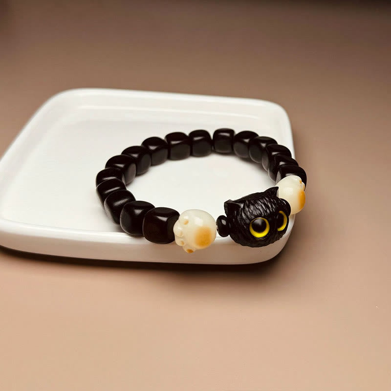 Hand-Carved Ebony Wood and Bodhi Seed Cat Paw Motif Bracelet