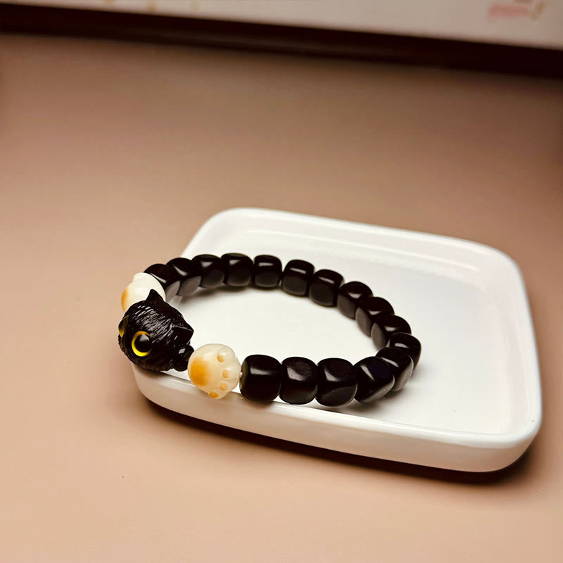 Hand-Carved Ebony Wood and Bodhi Seed Cat Paw Motif Bracelet