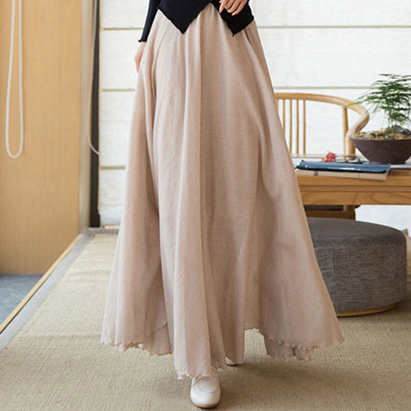Solid Color Elastic High Waist Linen Skirt