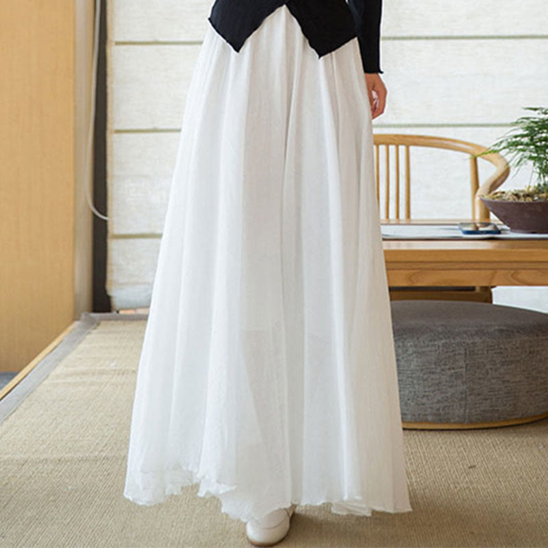 Solid Color Elastic High Waist Linen Skirt