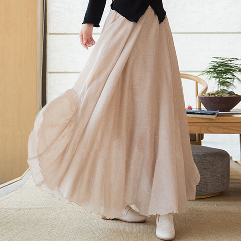 Solid Color Elastic High Waist Linen Skirt