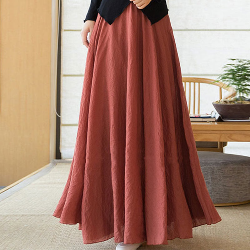 Solid Color Elastic High Waist Linen Skirt