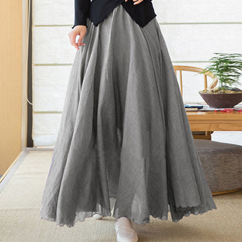 Solid Color Elastic High Waist Linen Skirt
