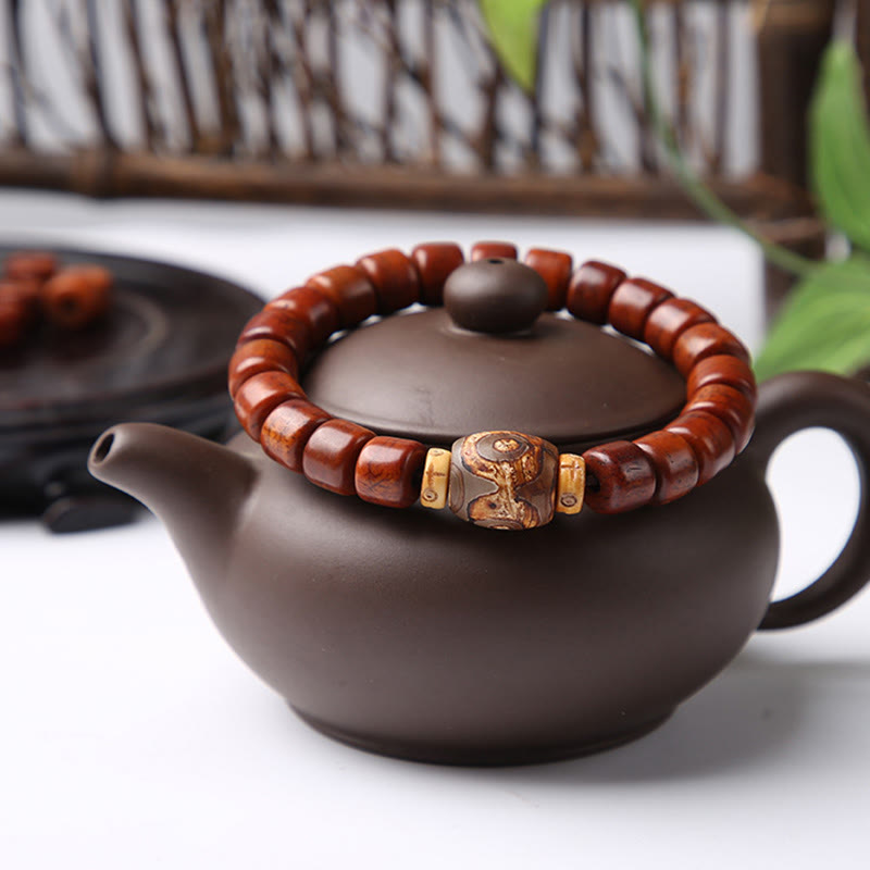 Tibetan Bone Bead Bracelet with Dzi, Tiger Eye, Jasper & Sacred Gemstone Accents