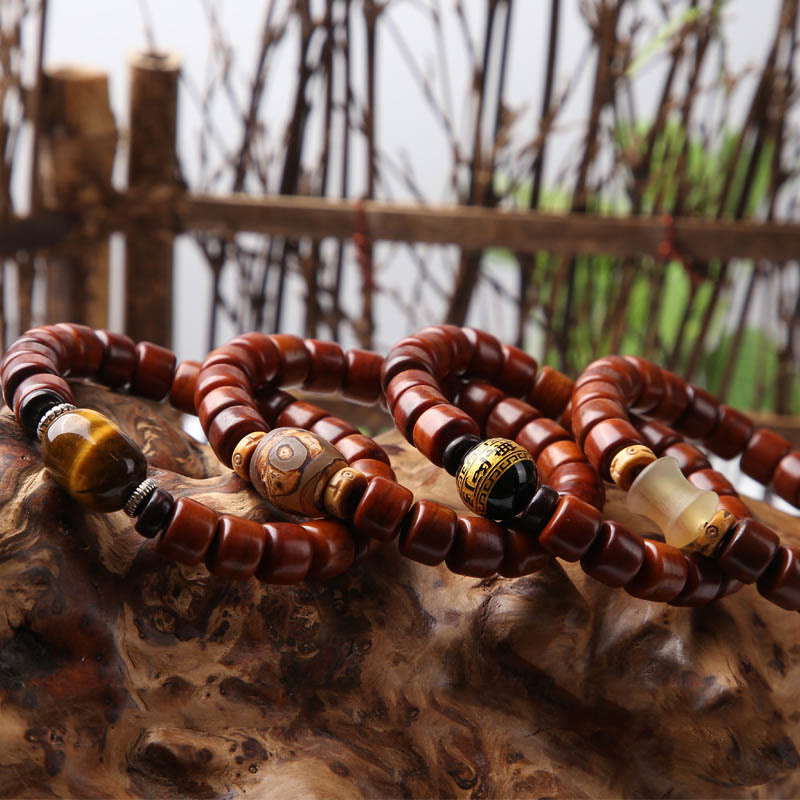 Tibetan Bone Bead Bracelet with Dzi, Tiger Eye, Jasper & Sacred Gemstone Accents