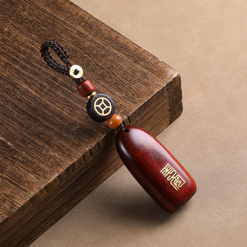 Small Leaf Red Sandalwood Ebony Wood Peace Auspicious Copper Coin Protection Key Chain