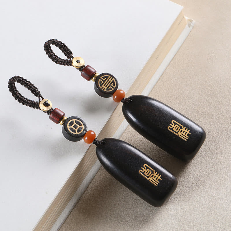 Small Leaf Red Sandalwood Ebony Wood Peace Auspicious Copper Coin Protection Key Chain
