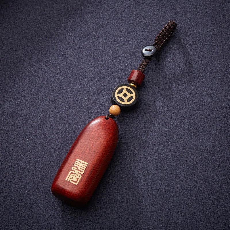 Small Leaf Red Sandalwood Ebony Wood Peace Auspicious Copper Coin Protection Key Chain