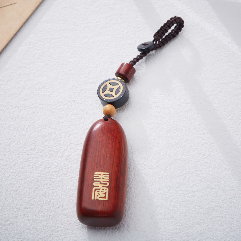 Small Leaf Red Sandalwood Ebony Wood Peace Auspicious Copper Coin Protection Key Chain