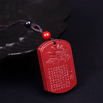 Cinnabar Lotus Heart Sutra Engraved Blessing Rope Necklace Pendant