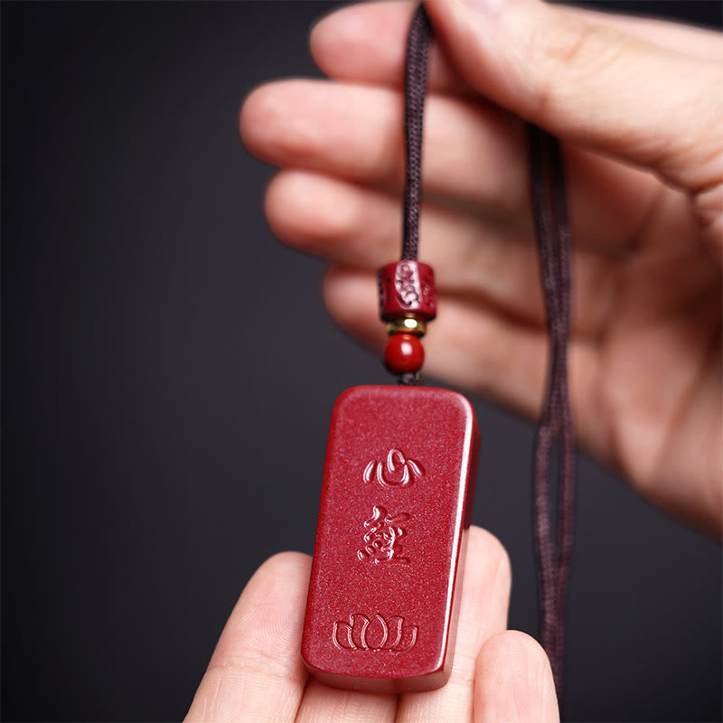 Cinnabar Lotus Heart Sutra Engraved Blessing Rope Necklace Pendant