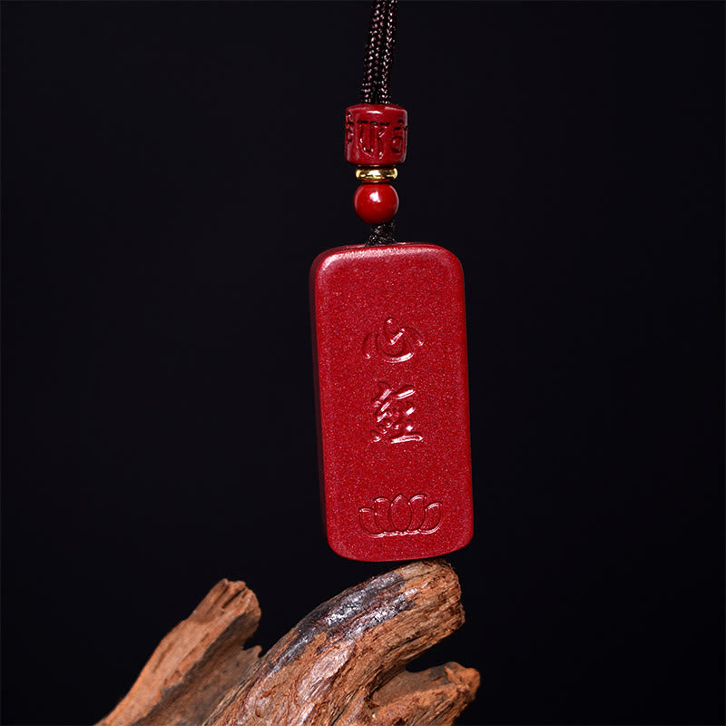 Cinnabar Lotus Heart Sutra Engraved Blessing Rope Necklace Pendant