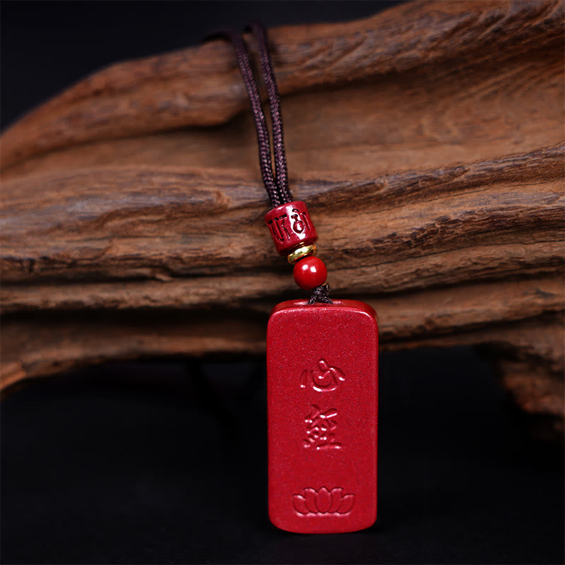Cinnabar Lotus Heart Sutra Engraved Blessing Rope Necklace Pendant