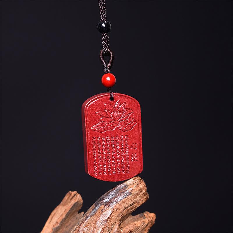 Cinnabar Lotus Heart Sutra Engraved Blessing Rope Necklace Pendant