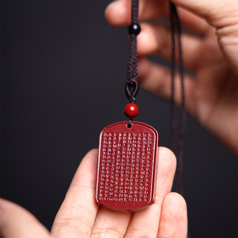 Cinnabar Lotus Heart Sutra Engraved Blessing Rope Necklace Pendant