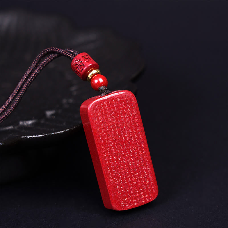 Cinnabar Lotus Heart Sutra Engraved Blessing Rope Necklace Pendant