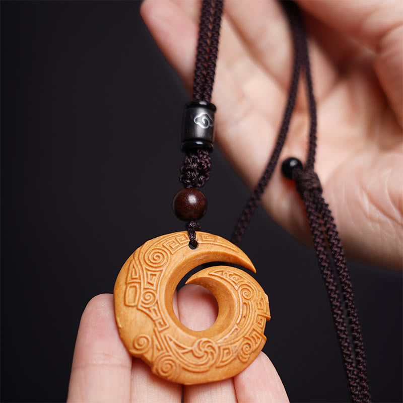 Ebony Wood Sandalwood One's Luck Improves Design Pattern Peace Necklace Pendant