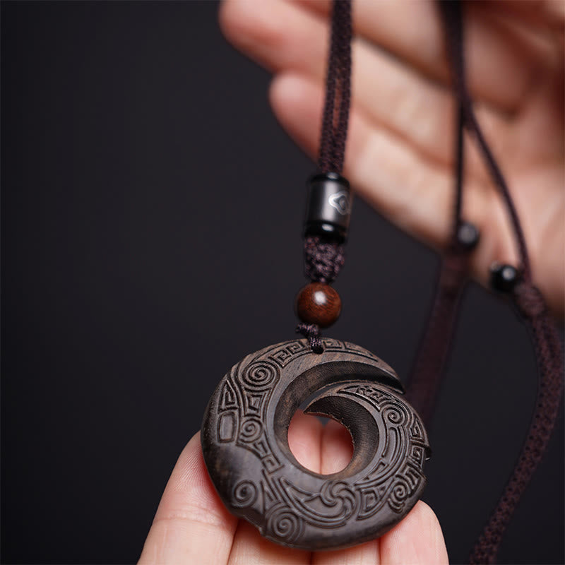 Ebony Wood Sandalwood One's Luck Improves Design Pattern Peace Necklace Pendant