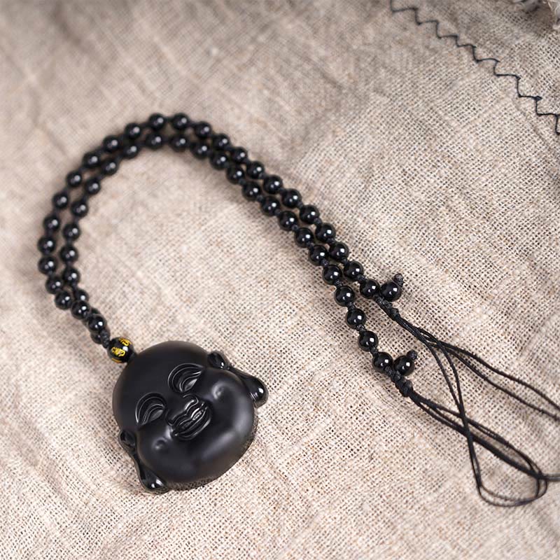 Natural Black Obsidian Laughing Buddha Purification Necklace Pendant