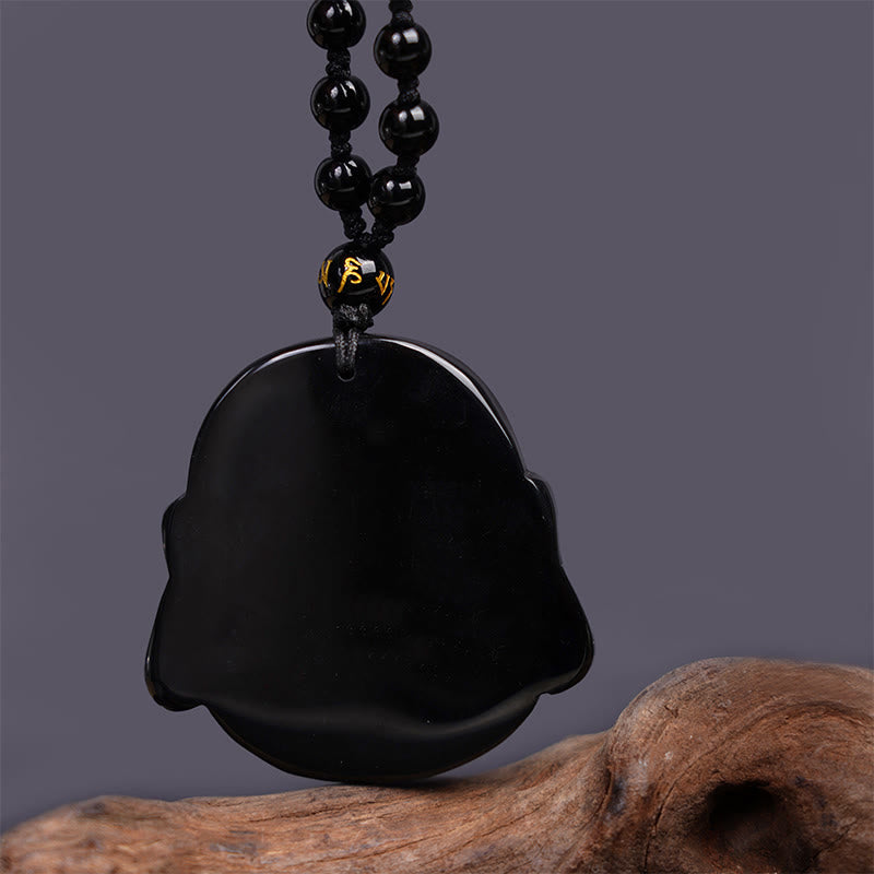 Natural Black Obsidian Laughing Buddha Purification Necklace Pendant