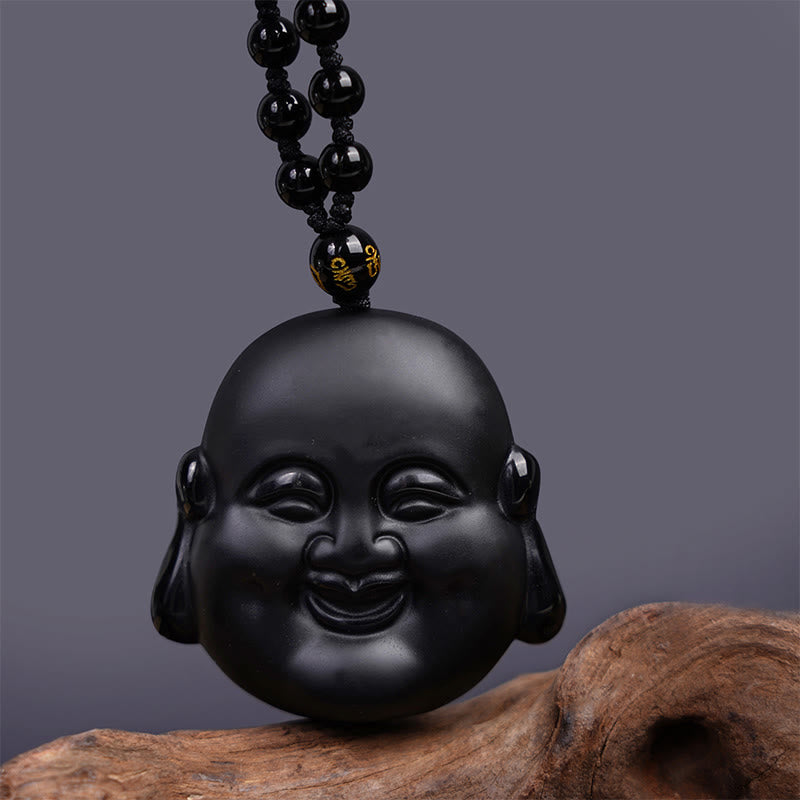 Natural Black Obsidian Laughing Buddha Purification Necklace Pendant