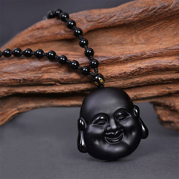 Natural Black Obsidian Laughing Buddha Purification Necklace Pendant