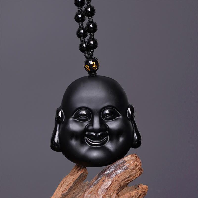 Natural Black Obsidian Laughing Buddha Purification Necklace Pendant