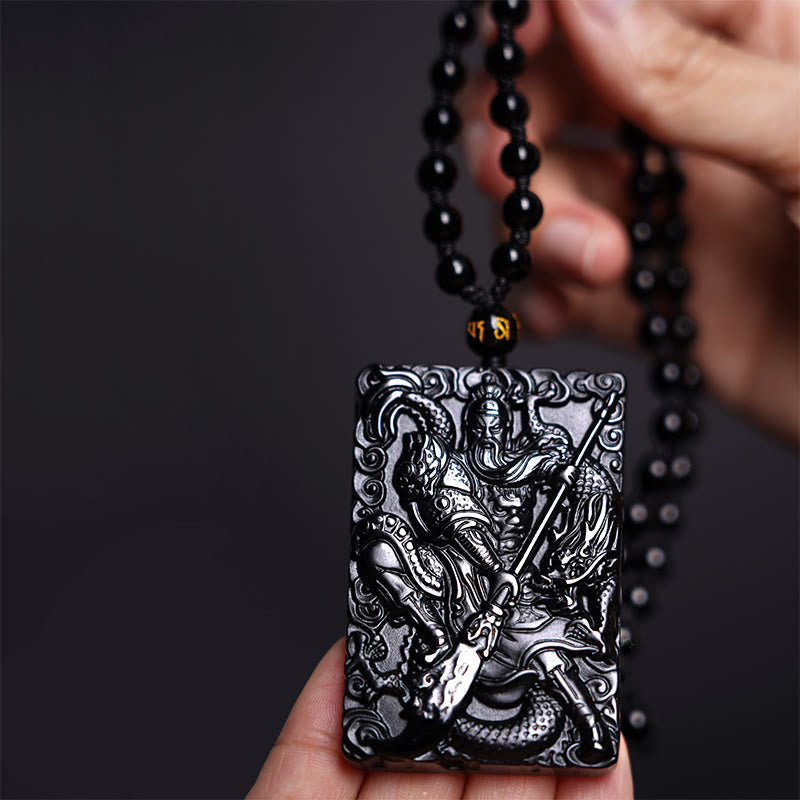 Black Obsidian Guan Gong Amulet Engraved Strength Necklace Pendant