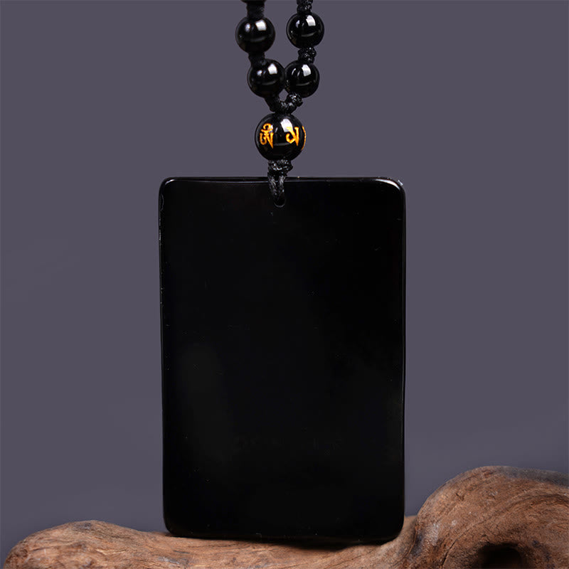 Black Obsidian Guan Gong Amulet Engraved Strength Necklace Pendant