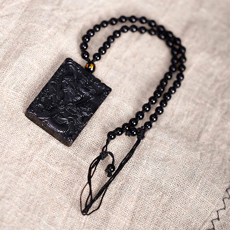 Black Obsidian Guan Gong Amulet Engraved Strength Necklace Pendant
