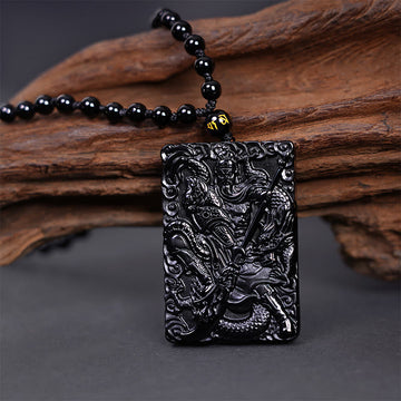 Black Obsidian Guan Gong Amulet Engraved Strength Necklace Pendant