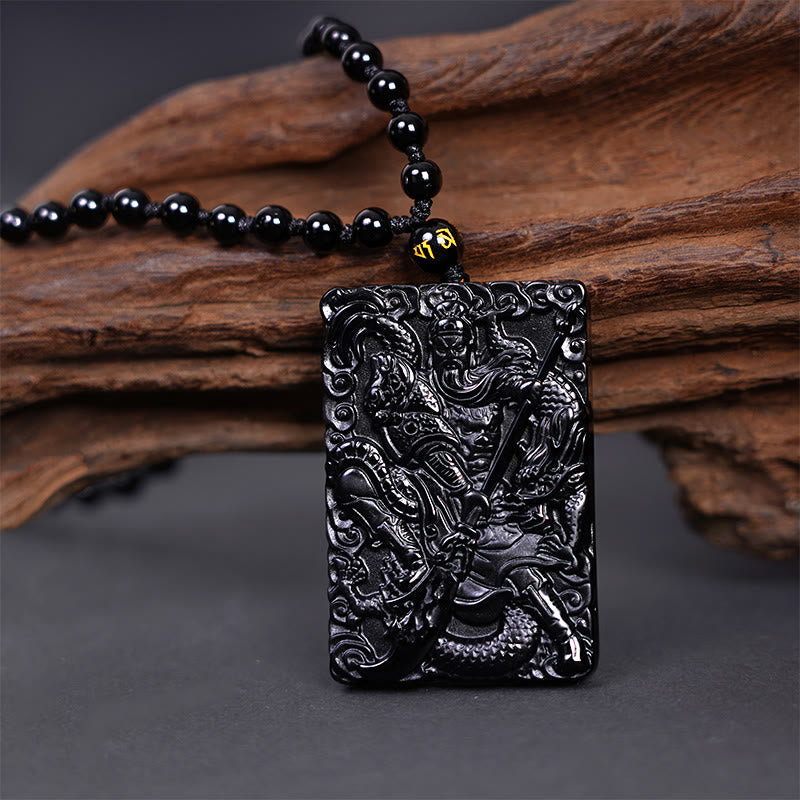 Black Obsidian Guan Gong Amulet Engraved Strength Necklace Pendant