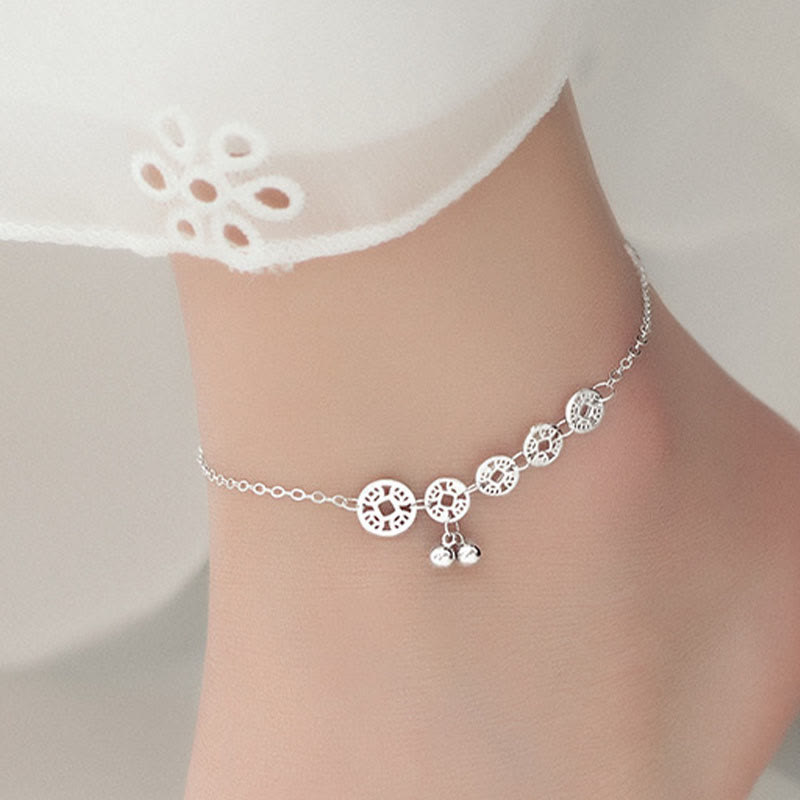 925 Sterling Silver Turquoise and Copper Coin Ritual Bell Charm Anklet
