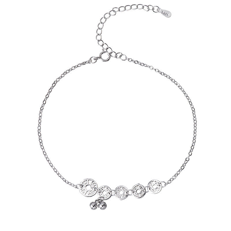 925 Sterling Silver Turquoise and Copper Coin Ritual Bell Charm Anklet