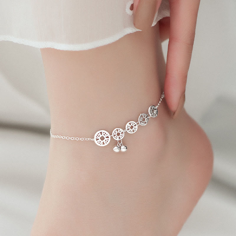 925 Sterling Silver Turquoise and Copper Coin Ritual Bell Charm Anklet
