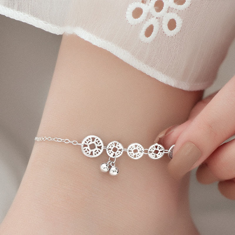 925 Sterling Silver Turquoise and Copper Coin Ritual Bell Charm Anklet
