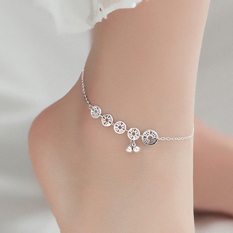 925 Sterling Silver Turquoise and Copper Coin Ritual Bell Charm Anklet